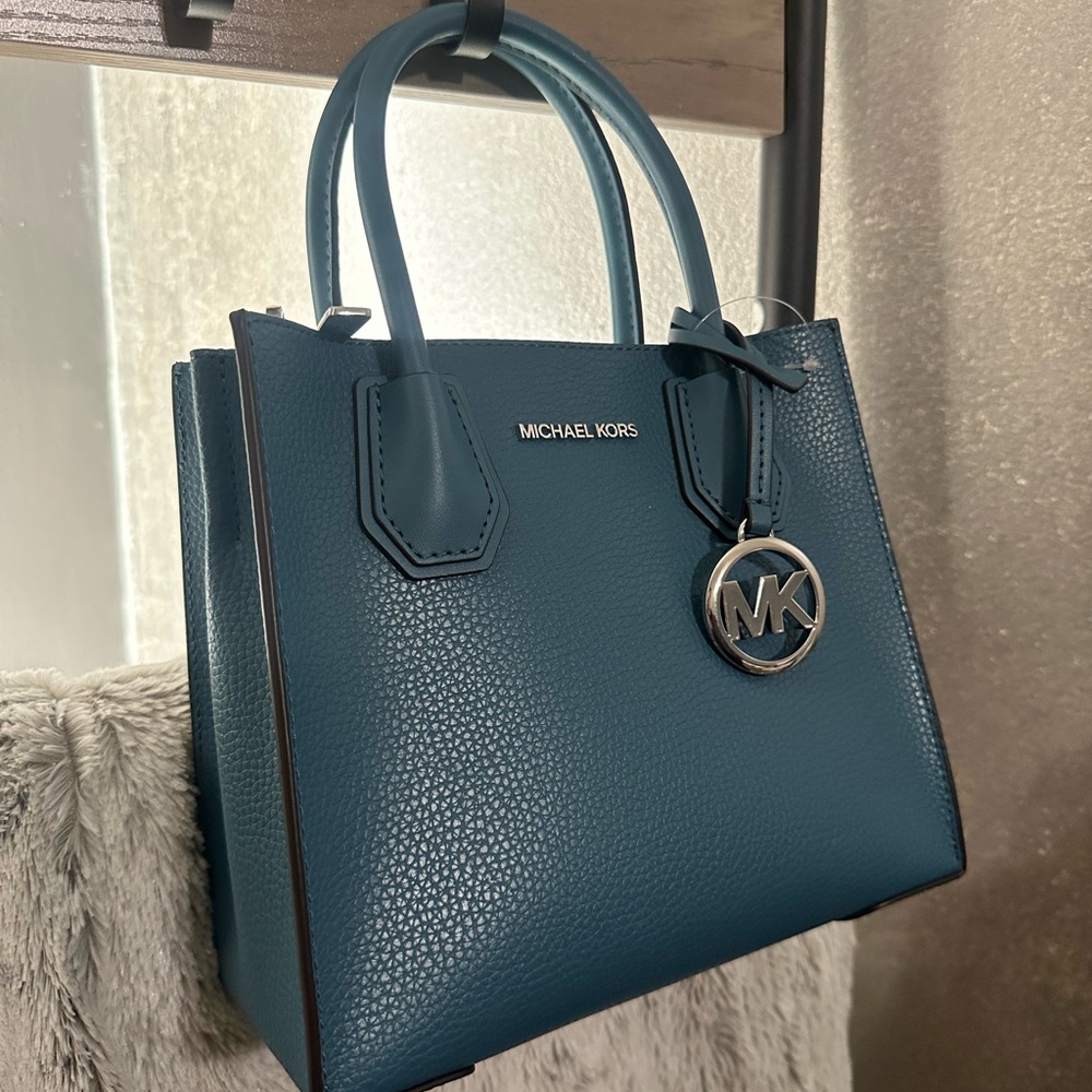 Michael Kors teal Mercer Medium Pebbled Leather Crossbody Bag